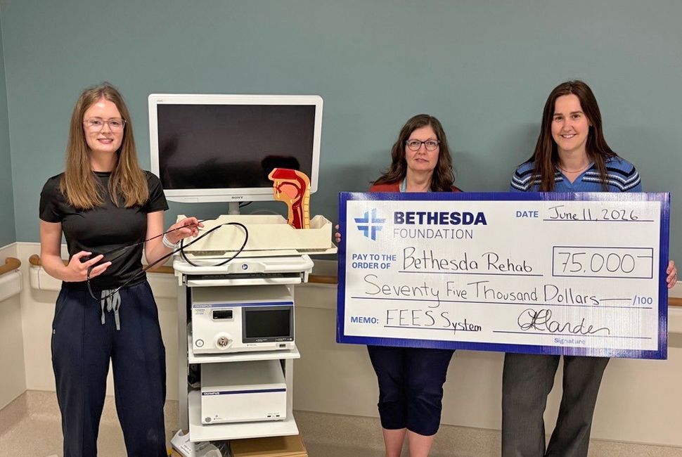Bethesda Foundation cheque presentation to Bethesda Regional Health Care Centre staff, Camryn Turton (far left), Diane Reimer (centre)  and Alisa Harder (right) Executive Director of Bethesda Foundation.
